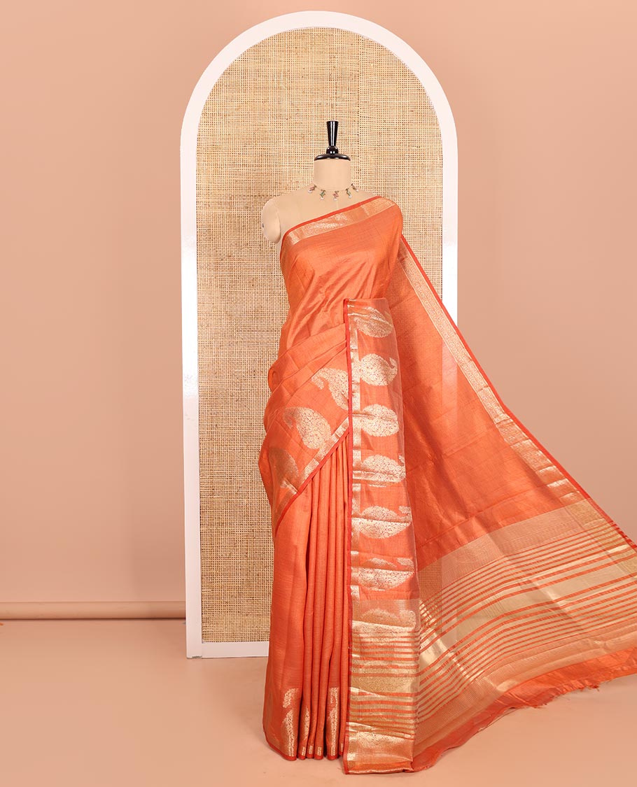 Rust Orange Plain Semi-Tussar Saree Artfully Detailed with a Self Border Featuring Floral and Paisley Zari Weave, Adorned with a Zari-Striped Pallu, Paired with a Matching Zari-Woven Blouse