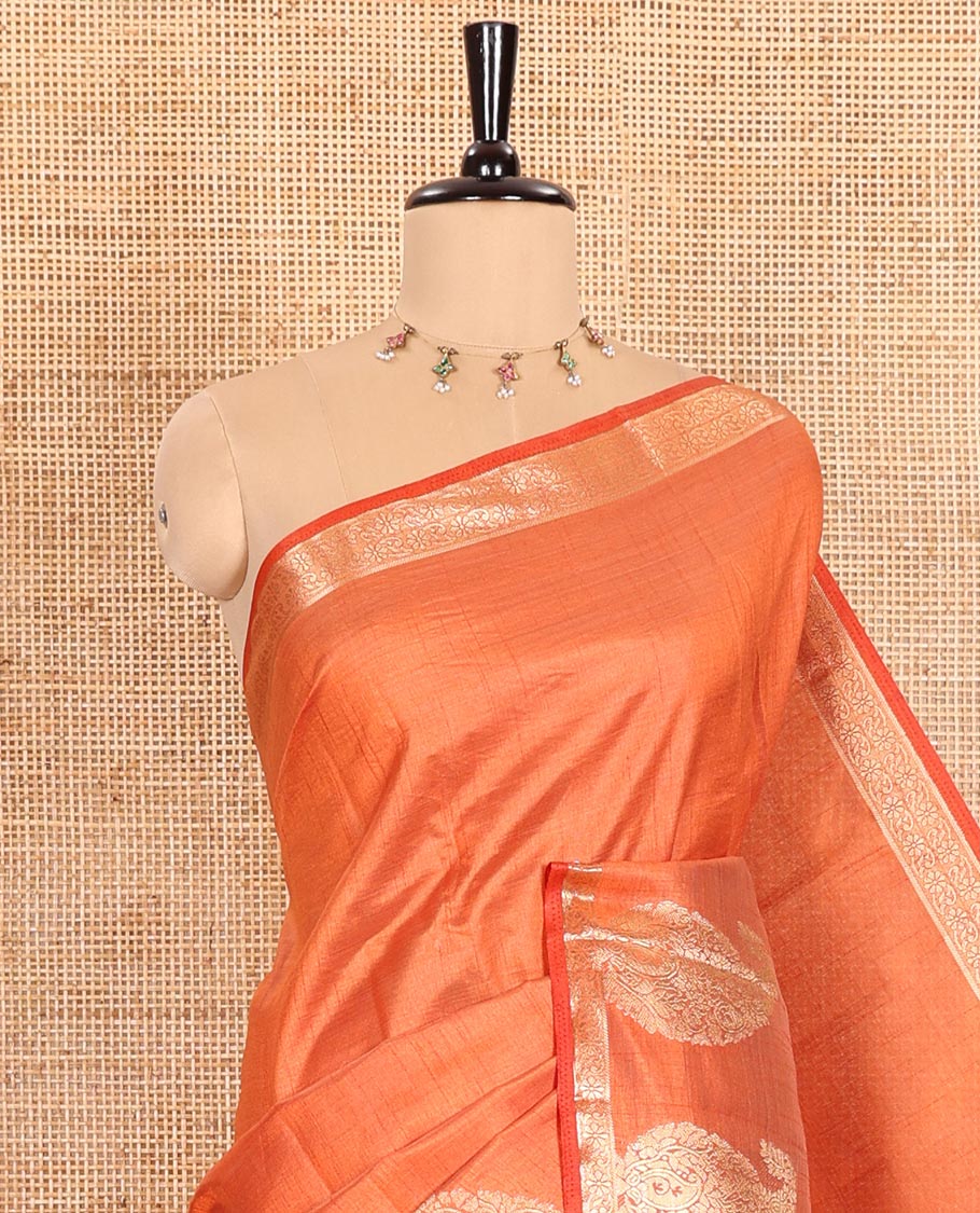 Rust Orange Plain Semi-Tussar Saree Artfully Detailed with a Self Border Featuring Floral and Paisley Zari Weave, Adorned with a Zari-Striped Pallu, Paired with a Matching Zari-Woven Blouse