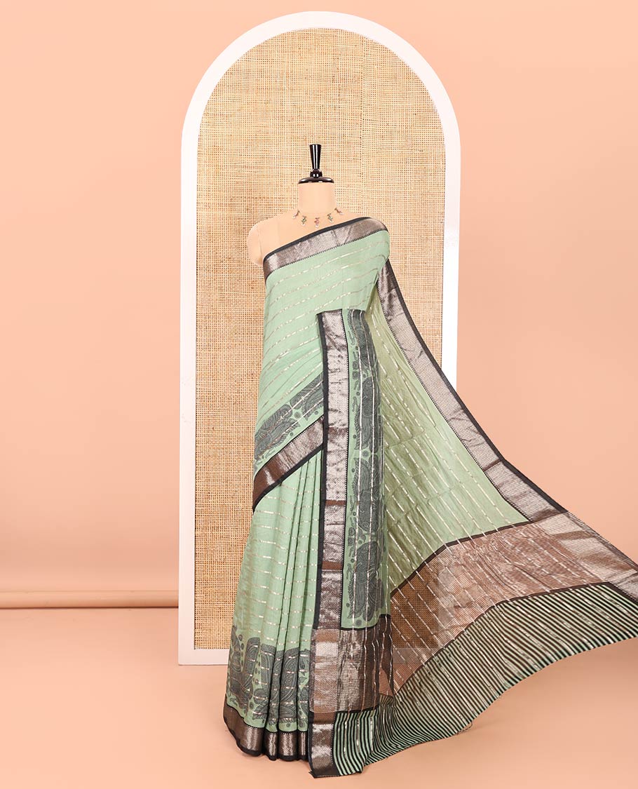 Pista Green Assam Cotton Saree Adorned with Horizontal Zari Stripes and Kalamkari Peacock Print, Complemented by a Contrast Traditional Zari Design Border, Gleaming Zari Woven Pallu, and a Contrast Zari Design Blouse