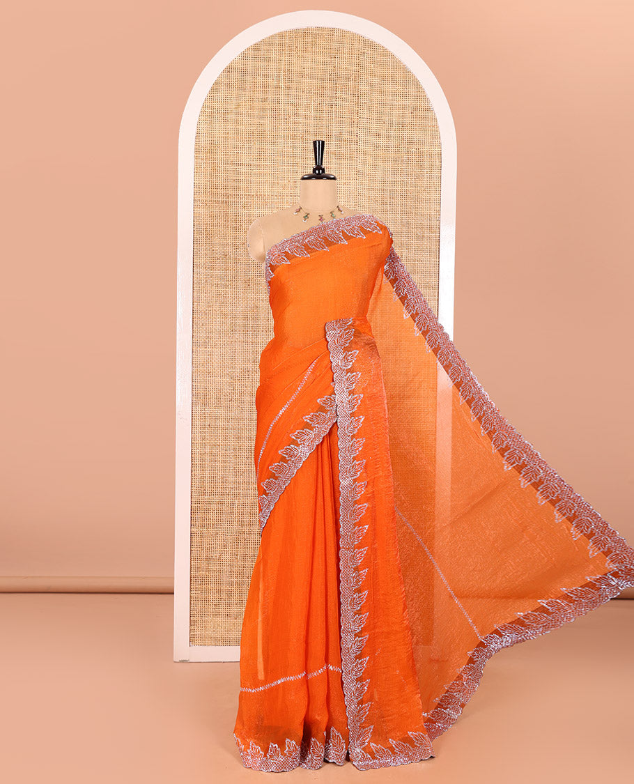 Orange Fendy Chiffon Saree Artfully Designed with Micro-Stone Work Lines Running All Over the Saree, Scallop Border of Leaf, and Geometric Patterns in Micro-Stone Work, and Paired with a Matching Blouse