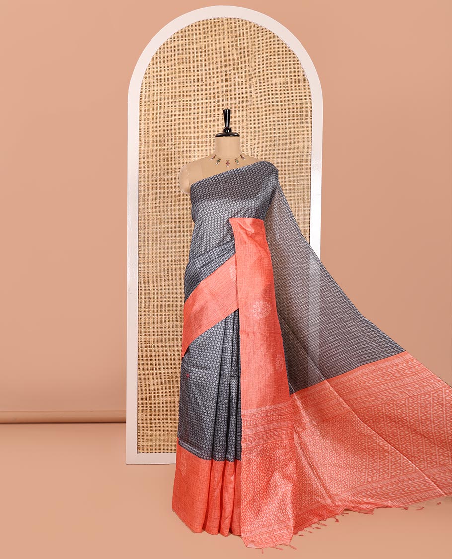 Grey and Orange Semi-Tussar Saree, Beautified with Geometric Patterns Printed All Over Its Body, Complemented by a Captivating Contrast One-Sided Border of Unique Print, and Paired with a Contrast Blouse