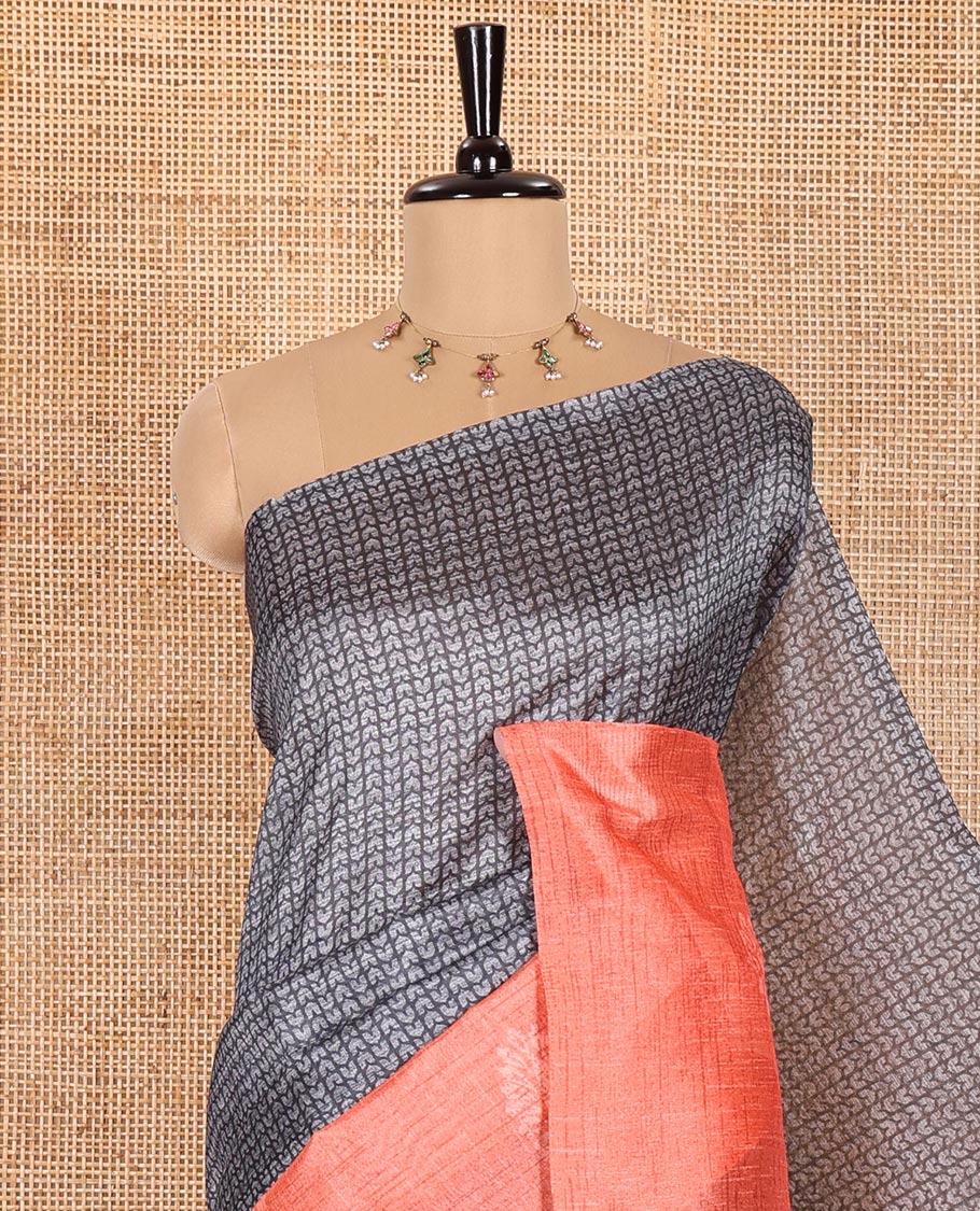 Grey and Orange Semi-Tussar Saree, Beautified with Geometric Patterns Printed All Over Its Body, Complemented by a Captivating Contrast One-Sided Border of Unique Print, and Paired with a Contrast Blouse