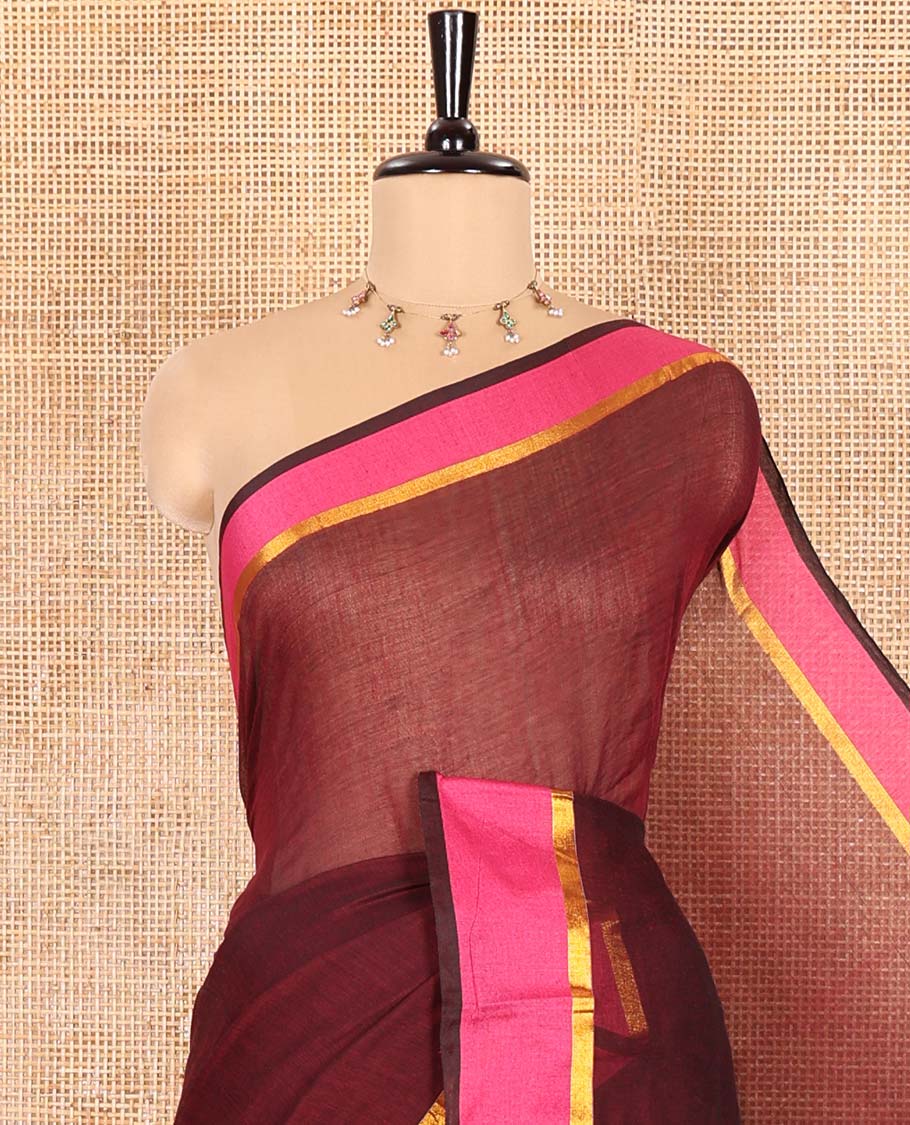 Maroon Plain Khadi Mul Cotton Saree, Complemented by Contrast Zari Striped Border, Plain Pallu, and Paired with a Matching Blouse