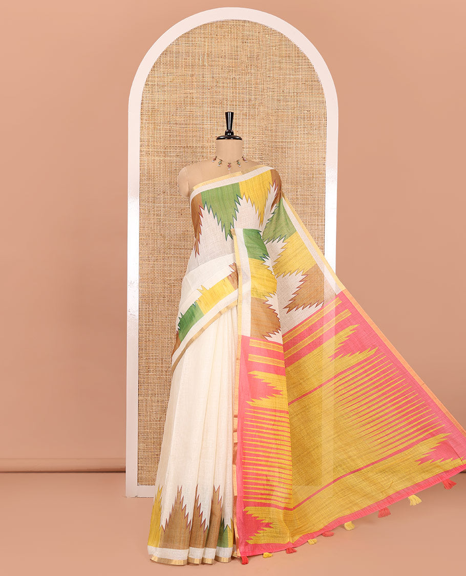Cream Plain Linen Cotton Saree, Complemented by Multi-Colored Temple Border, Pallu Features Temple Designs, and Paired with a Contrast Blouse