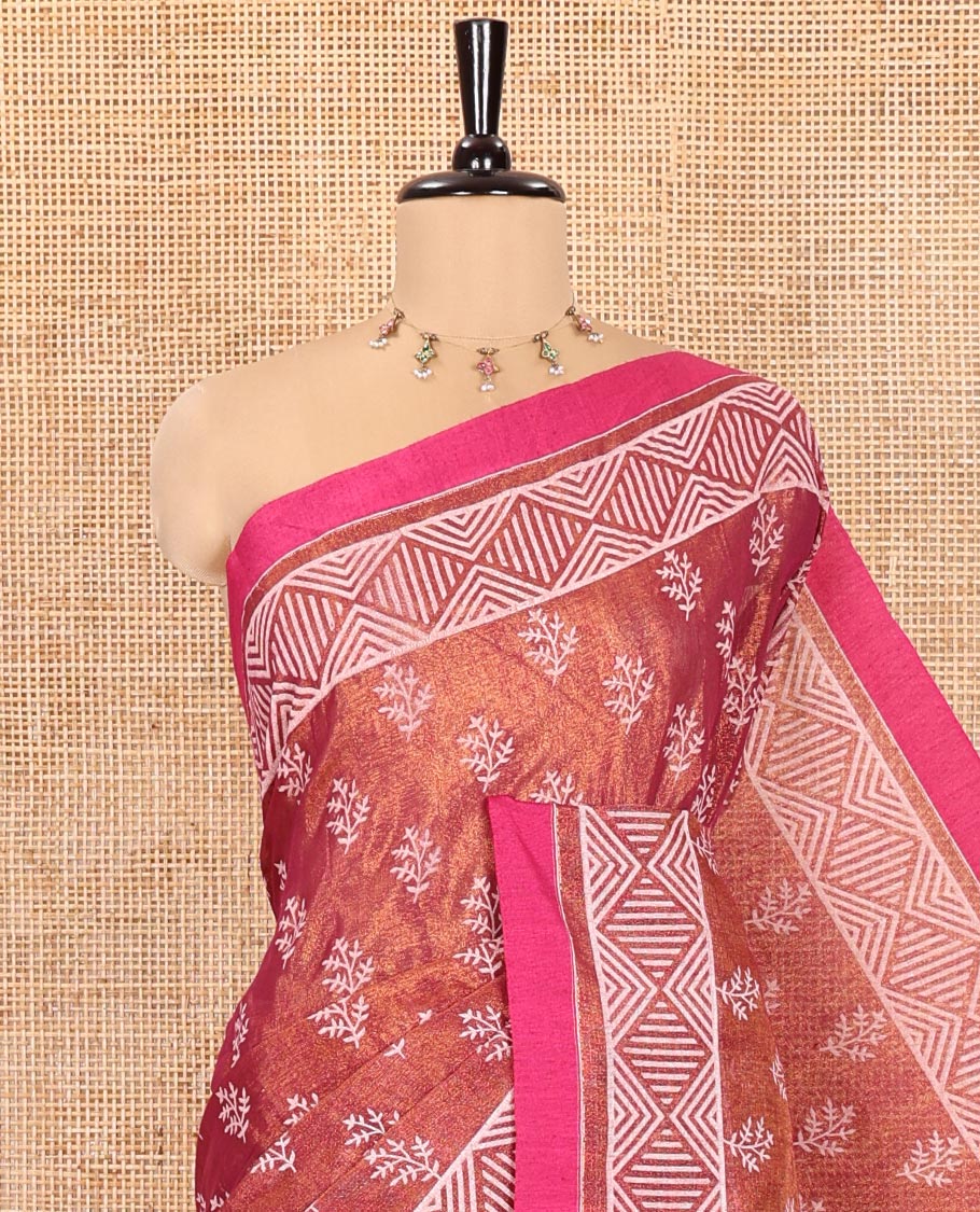 Orange Khadi Tissue Saree, Adorned with Leaf Buttas All Over Its Body, Highlighted by Geometric Patterned Border, Pallu Depicts Geometric Prints, and Paired with a Matching Blouse