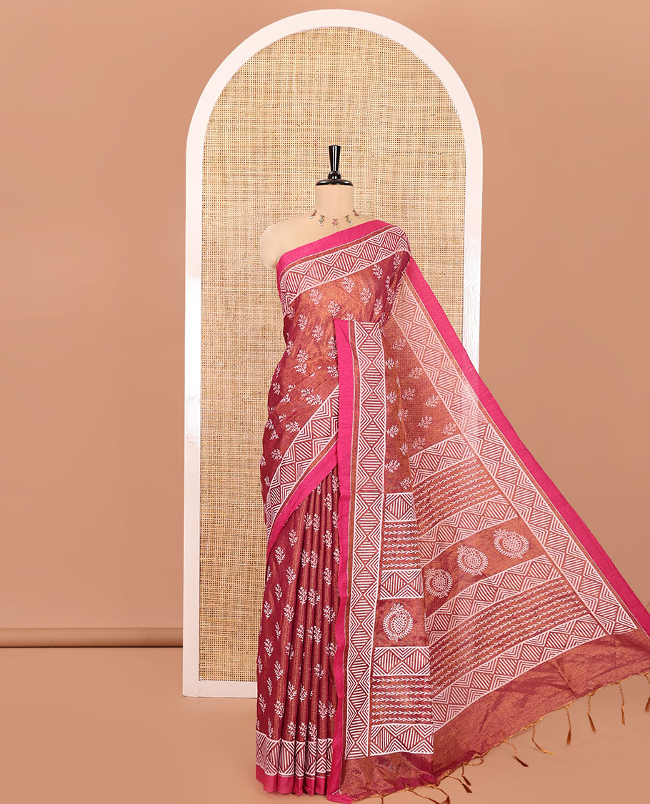 Orange Khadi Tissue Saree, Adorned with Leaf Buttas All Over Its Body, Highlighted by Geometric Patterned Border, Pallu Depicts Geometric Prints, and Paired with a Matching Blouse