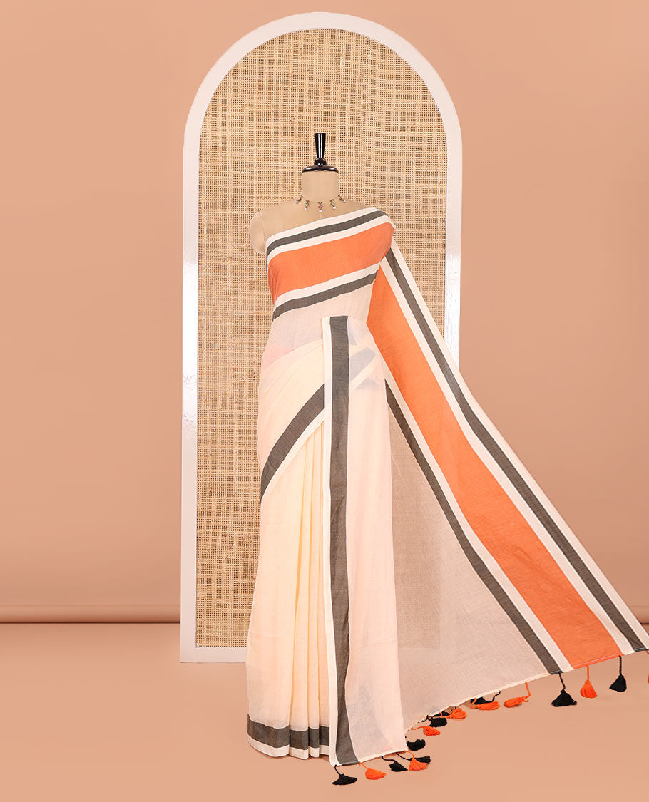 Cream Plain Khadi Mul Cotton Saree, Complemented by Contrast Orange Border, Self-Pallu, and Paired with a Matching Blouse
