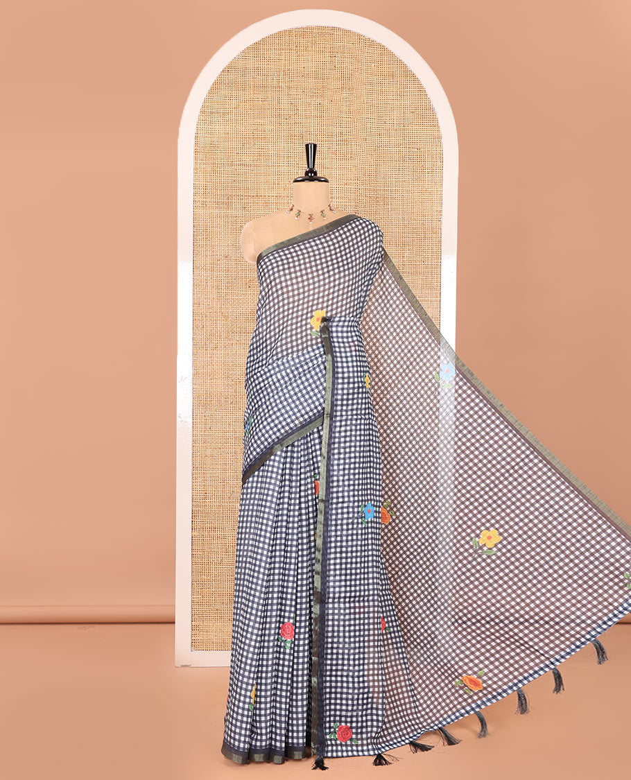 Navy Blue Linen Cotton Saree, Beautiful Decked Up with Checks and Floral Motifs Printed All Over Its Body, Subtle Piping Border, Pallu Mirrors the Same Design, and Paired with a Printed Blouse