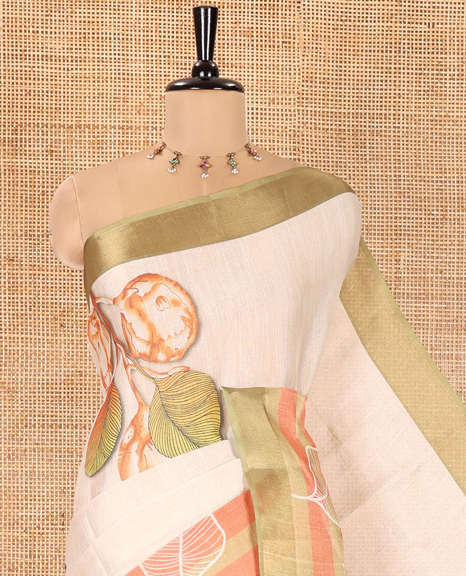 Gold and Green Tissue Saree, Enthralled with Leaf Motifs Printed on Its Body, Complemented by a Contrast Border of Leaf Motifs, Pallu of Leaf Motifs Print, and Paired with a Contrast Blouse