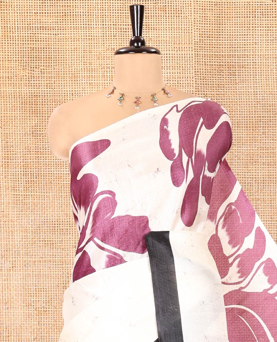 Cream and Purple Art Khadi Cotton Saree, Adorned With Half-and-Half-style Floral Print On Its Body, Highlighted by Contrast Piping Border, Self-Pallu and Paired with a Contrast Blouse