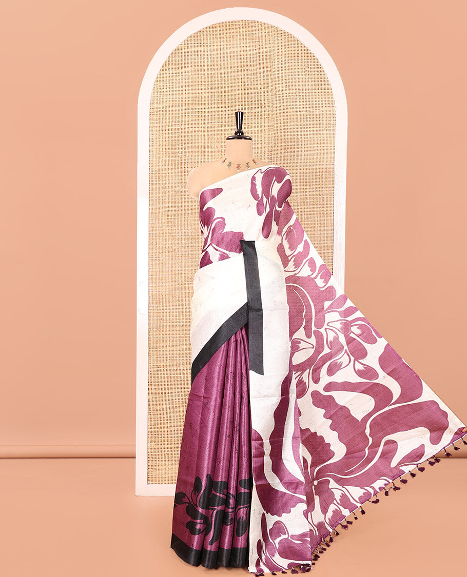 Cream and Purple Art Khadi Cotton Saree, Adorned With Half-and-Half-style Floral Print On Its Body, Highlighted by Contrast Piping Border, Self-Pallu and Paired with a Contrast Blouse