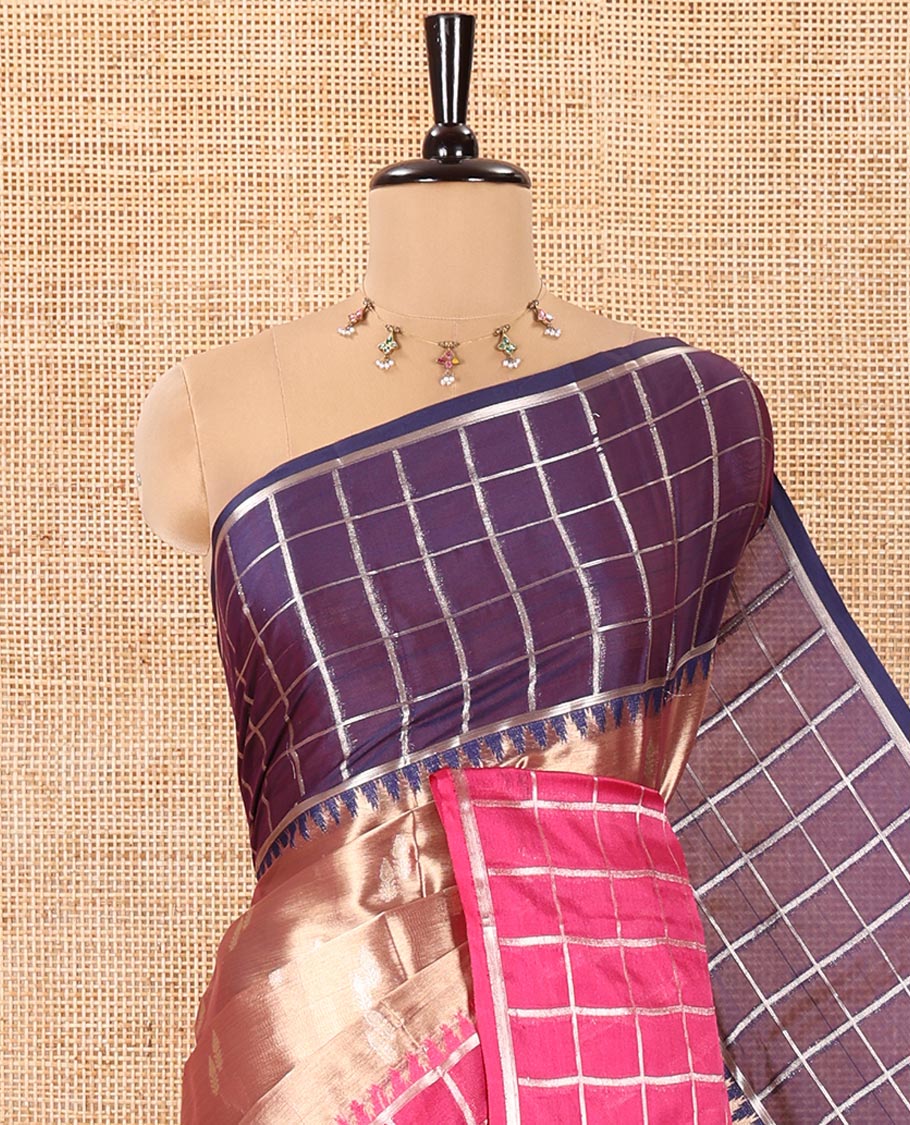 Scintillating Gold Tissue Saree, Subtly Sparkled with Buttas, Complemented by a Contrast Ganga-Jamuna Zari Checked Temple Border, Sparsely Woven Pallu, and Paired with a Matching Blouse