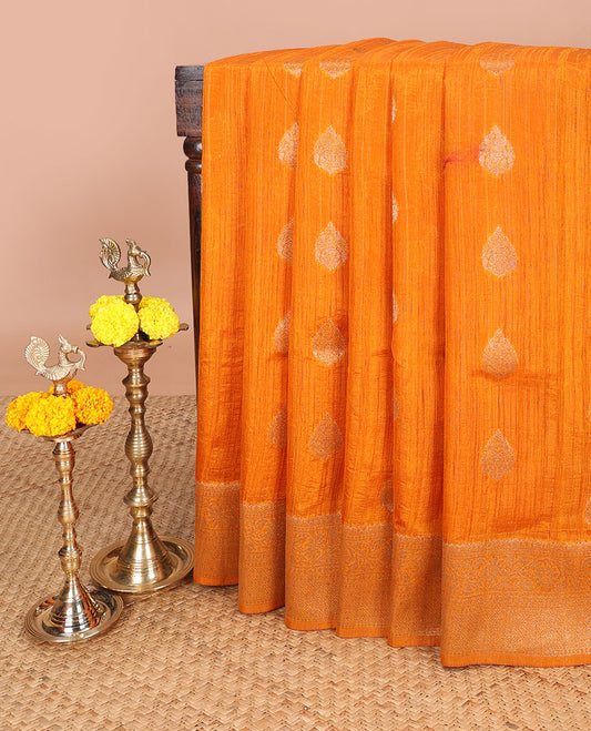 Yellow banaras style butta linen saree with zari border & contrast pallu along with contrast blouse