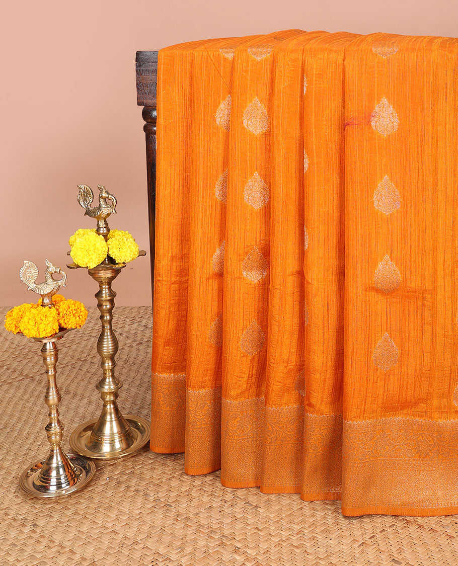 Yellow banaras style butta linen saree with zari border & contrast pallu along with contrast blouse