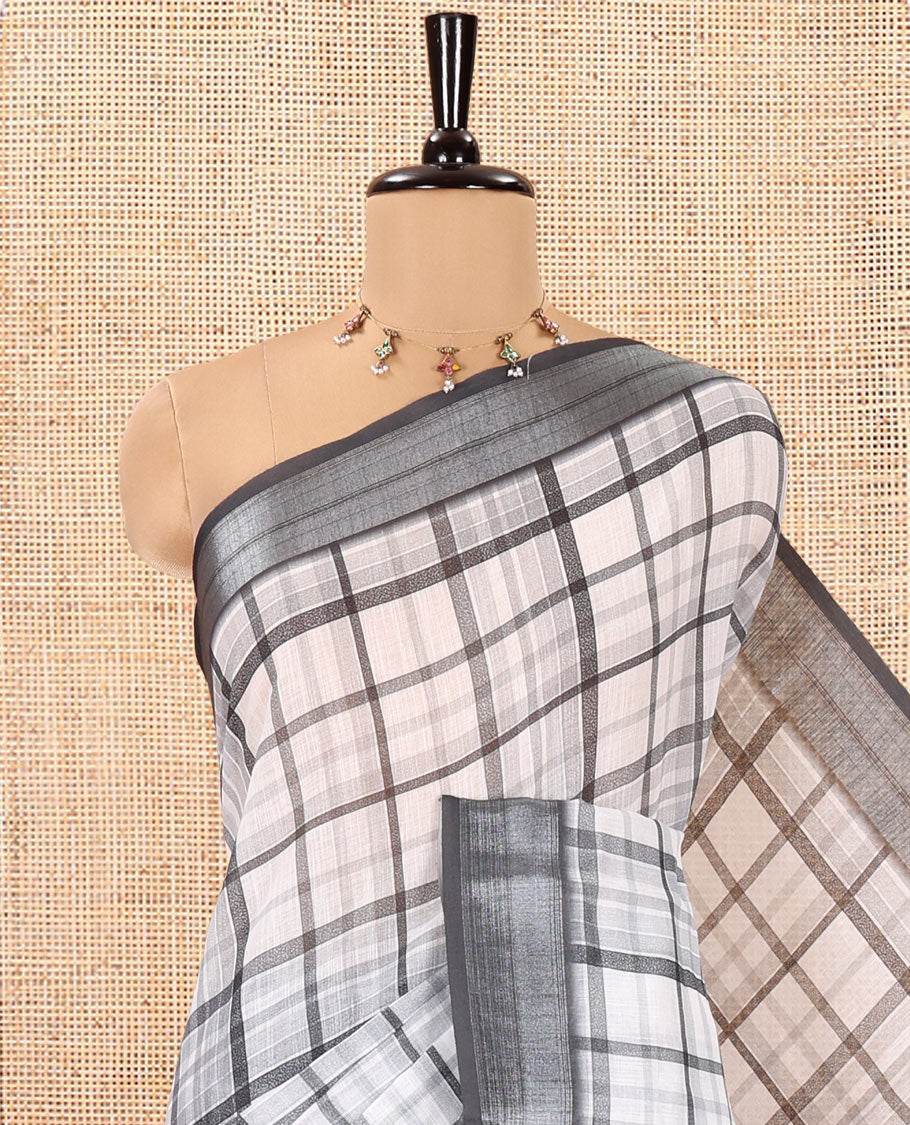 White Linen Cotton Saree, Adorned with Checked Design on Its Body, Complemented by a Contrast Zari Border, Multi-Color Checked Pallu, and Paired with a Contrast Blouse