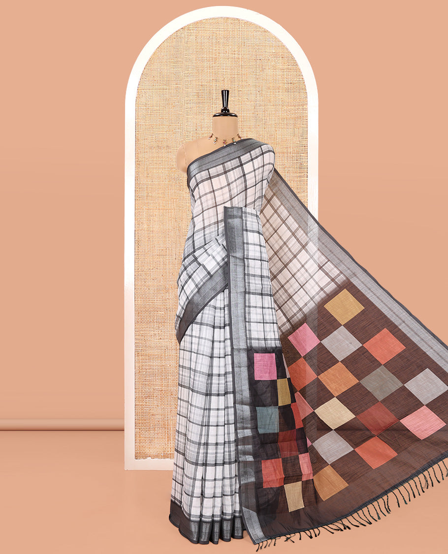 White Linen Cotton Saree, Adorned with Checked Design on Its Body, Complemented by a Contrast Zari Border, Multi-Color Checked Pallu, and Paired with a Contrast Blouse