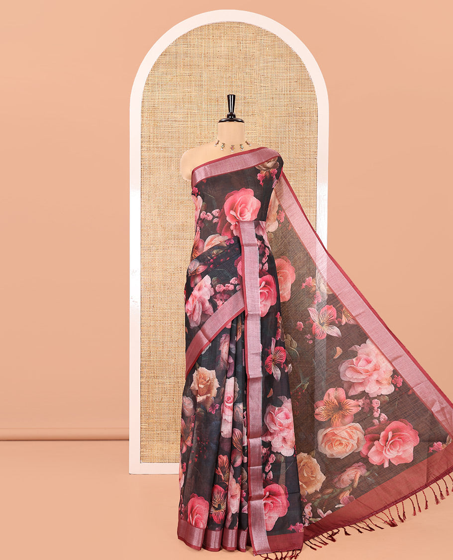 Black Linen Cotton Saree, Mesmerized with Floral Motifs Printed All Over Its Body, Complemented by a Contrast Zari Bavanji Border, Floral Printed Pallu, and Paired with a Contrast Blouse
