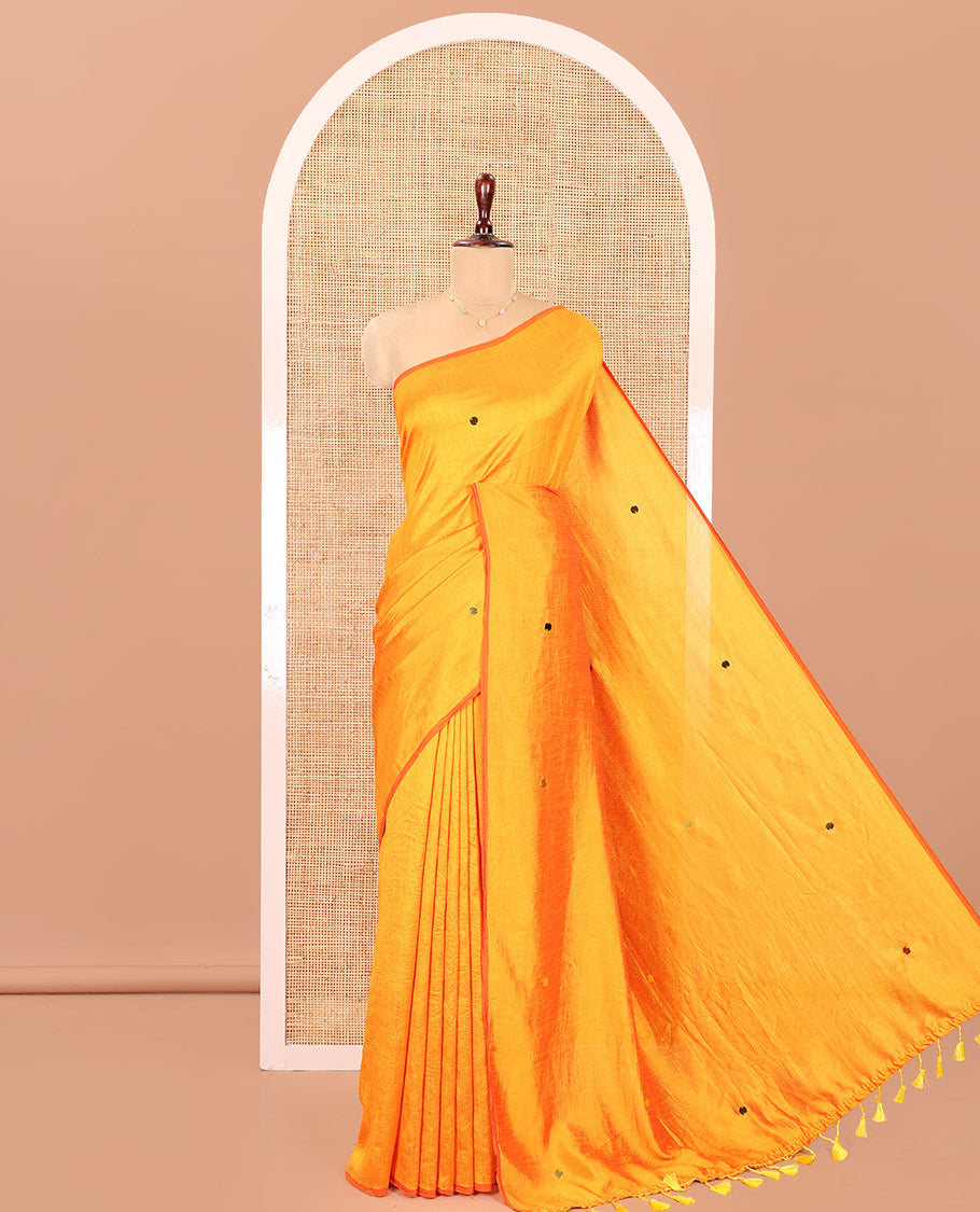 Borderless Mustard Vichitra Silk Saree, Gleamed Up with Sequin Work on Its Body, Highlighted by a Self-Pallu of Sequin Work, and Paired with a Matching Blouse