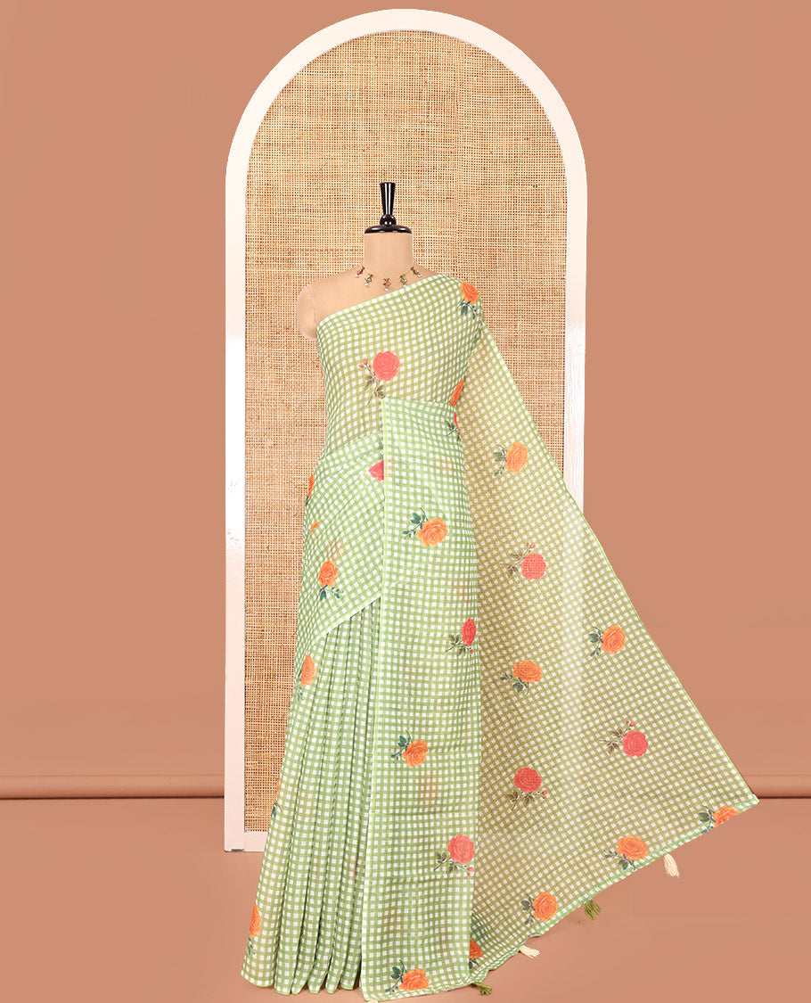 Borderless Green Linen Cotton Saree, Adorned with Checked Design and Rose Motifs on Its Body, a Self-Pallu, and Paired with a Contrast Blouse