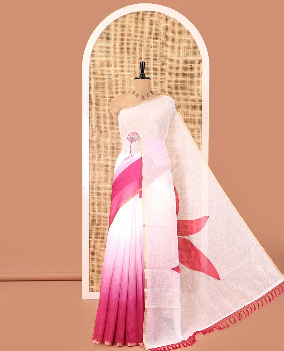 White-Pink Linen Cotton Saree Features Floral Print, Ombre-Style Dual-Color, a Piping Border, and a Contrast Blouse