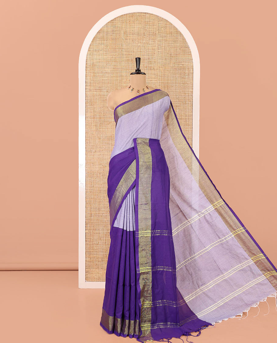 Violet Khadi Mul Cotton Saree, Adorned with Half-And-Half-Style Double-Colour Dyed on Its Body, a Subtle Zari Border, Striped Pallu, and Paired with a Matching Blouse
