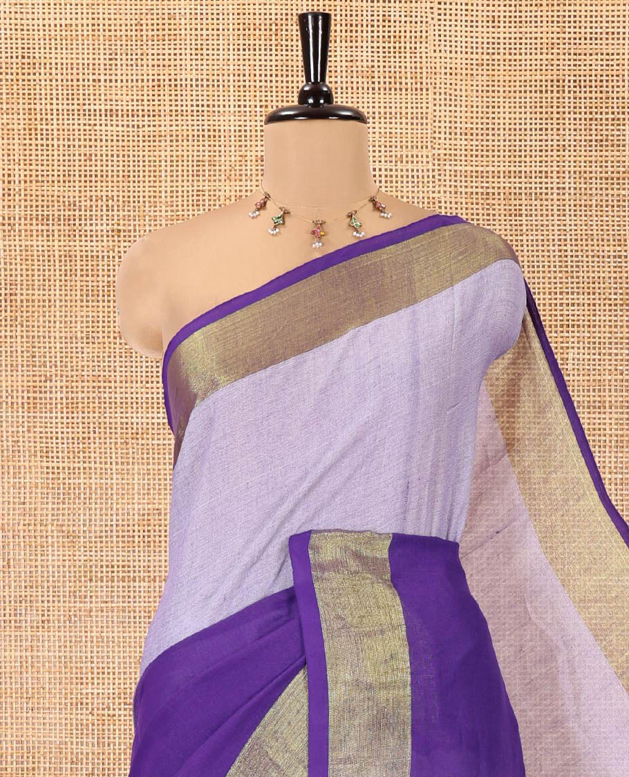 Violet Khadi Mul Cotton Saree, Adorned with Half-And-Half-Style Double-Colour Dyed on Its Body, a Subtle Zari Border, Striped Pallu, and Paired with a Matching Blouse