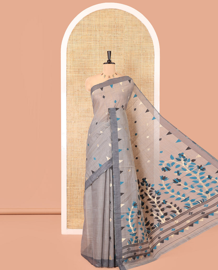 Grey Jute Cotton Saree, Adorned with Diamond Meena Buttas All Over Its Body, Complemented by a Contrast Border, Pallu of Jamdhani-Style Floral Designs, and Paired with a Contrast Blouse