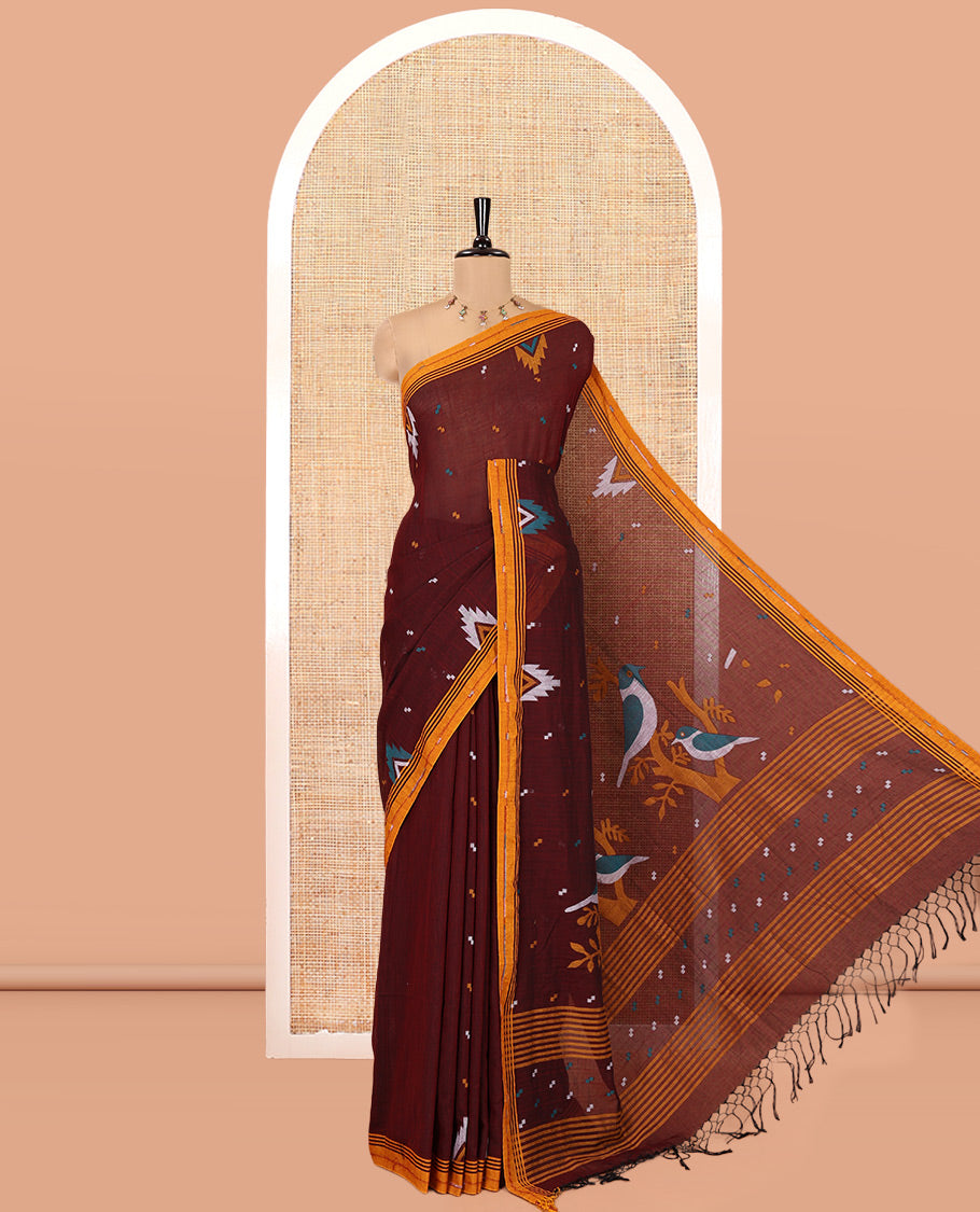 Maroon Khadi Mul Cotton Saree, Beautified with Meena Buttas All Over Its Body, Complemented by a Contrast Temple Border, Pallu of Jhamdani-Style Floral-Bird Weaving, and Paired with a Matching Blouse