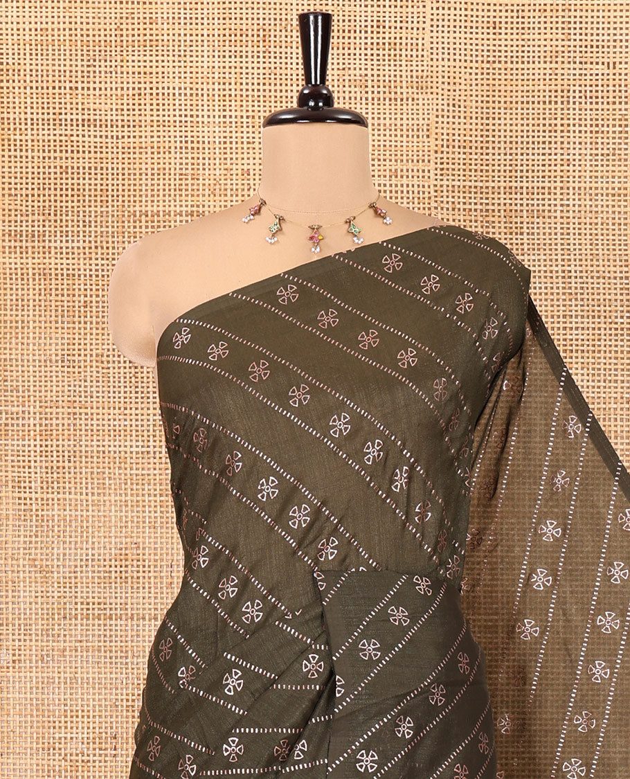 Borderless Olive Vichitra Silk Saree, Gleamed Up with Floral Buttas and Leheriya-Style Foil Print on Its Body, a Self-Pallu, and Has No Blouse