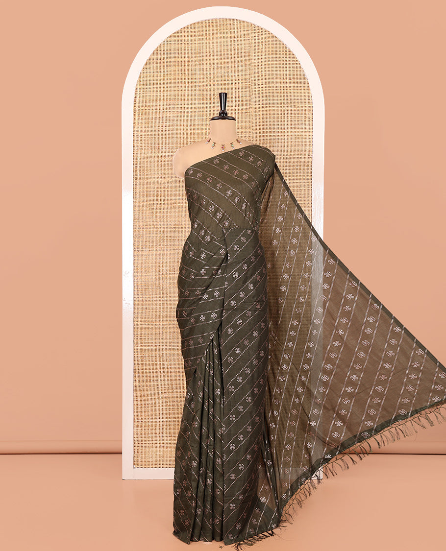 Borderless Olive Vichitra Silk Saree, Gleamed Up with Floral Buttas and Leheriya-Style Foil Print on Its Body, a Self-Pallu, and Has No Blouse