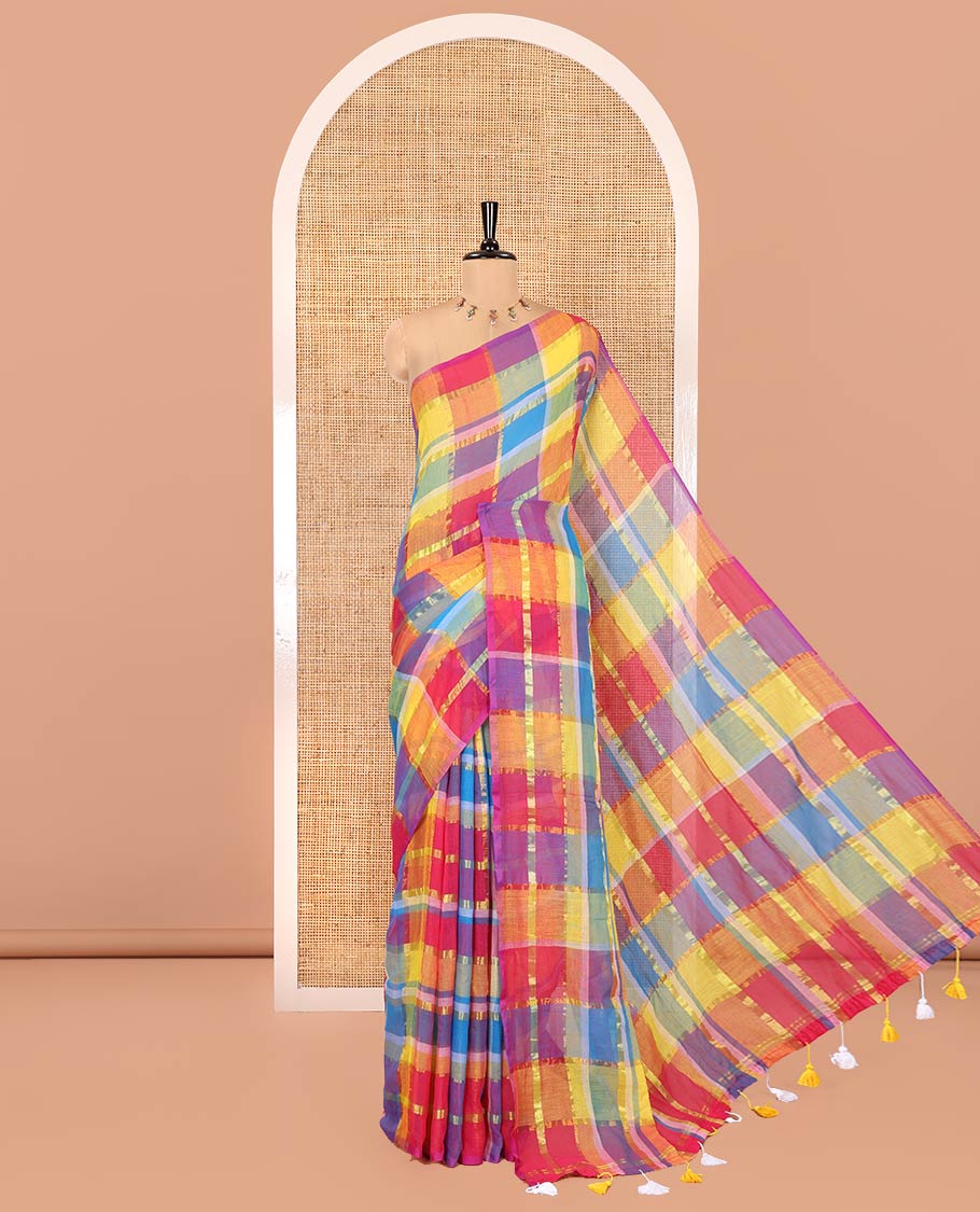 Borderless Pink Khadi Mul Cotton Saree, Enthralled with Checked Block and Zari Checks on Its Body, a Self-Pallu with Tassels, and Has No Blouse