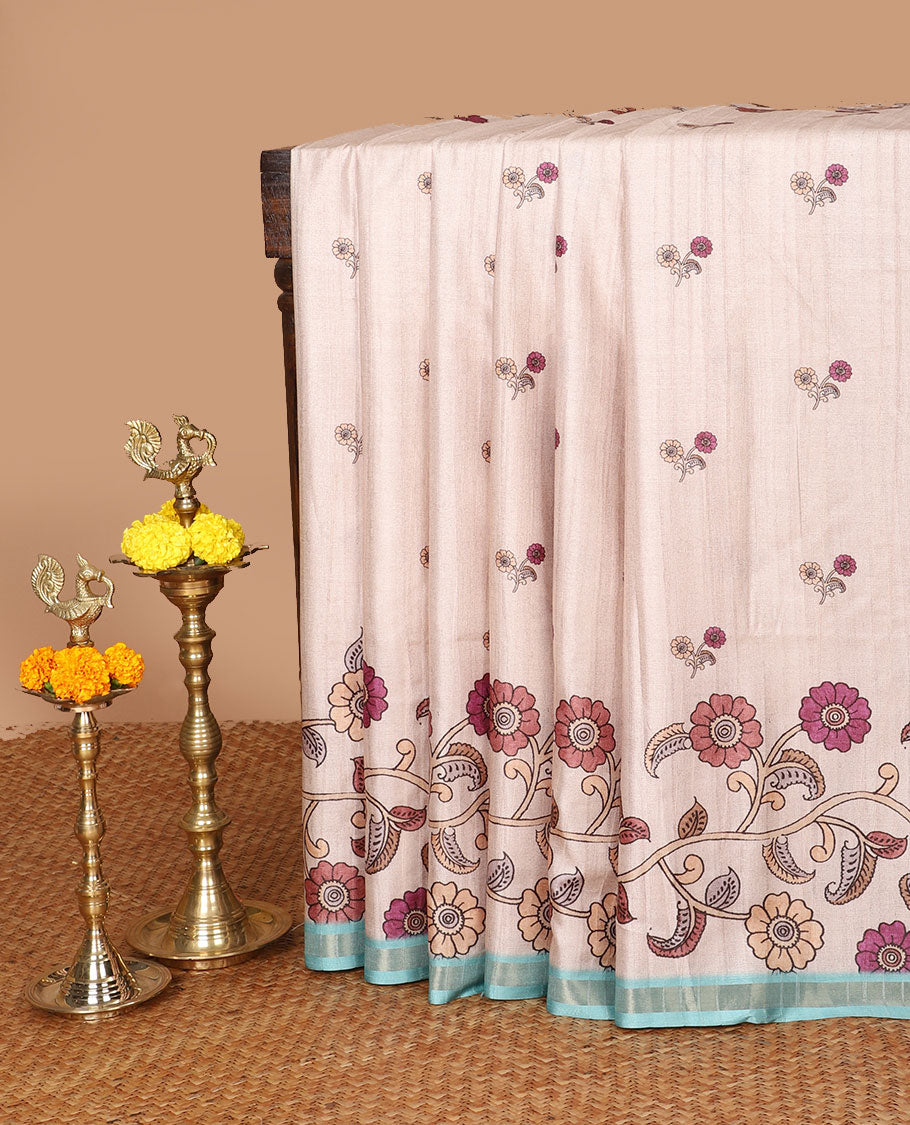 Chikku color with light blue floral digital printed semi tussar silk saree with kalamkari design border & kalamkari design pallu along with printed blouse