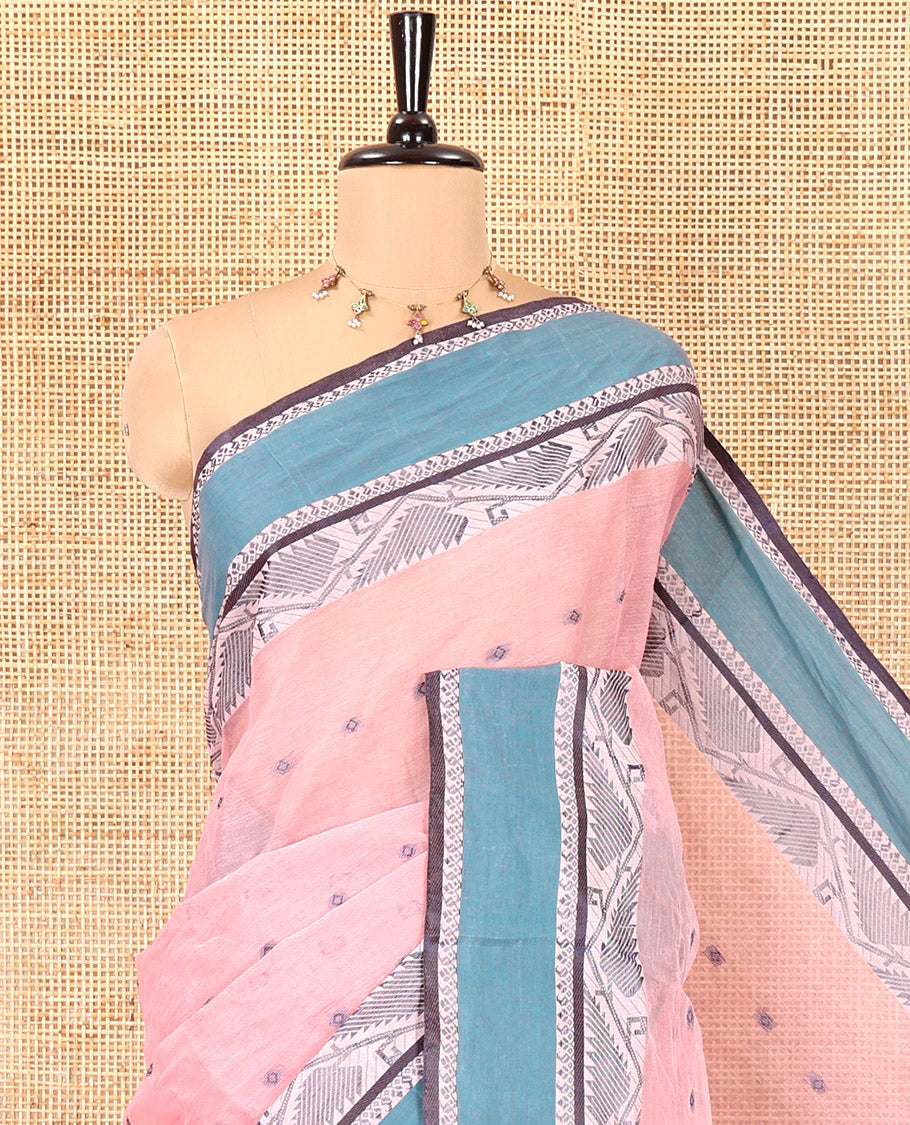 Light Pink Bengal Cotton Saree, Subtly Sparkled with Thread Buttas on Its Body, Complemented by Contrast Thread Border of Floral Creeper Designs, Pallu of Stripes and Buttas, and Paired with a Matching Blouse