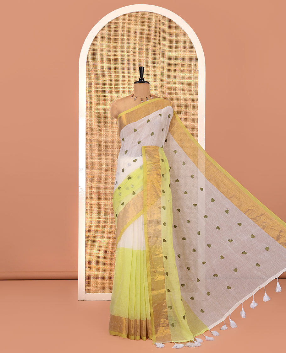 Cream and Lemon Yellow Khadi Mul Cotton Saree, Adorned with Half-And-Half-Style and Heart Motifs Embroidery on Its Body, a Subtle Gold Zari Border, a Self-Pallu, and Has No Blouse