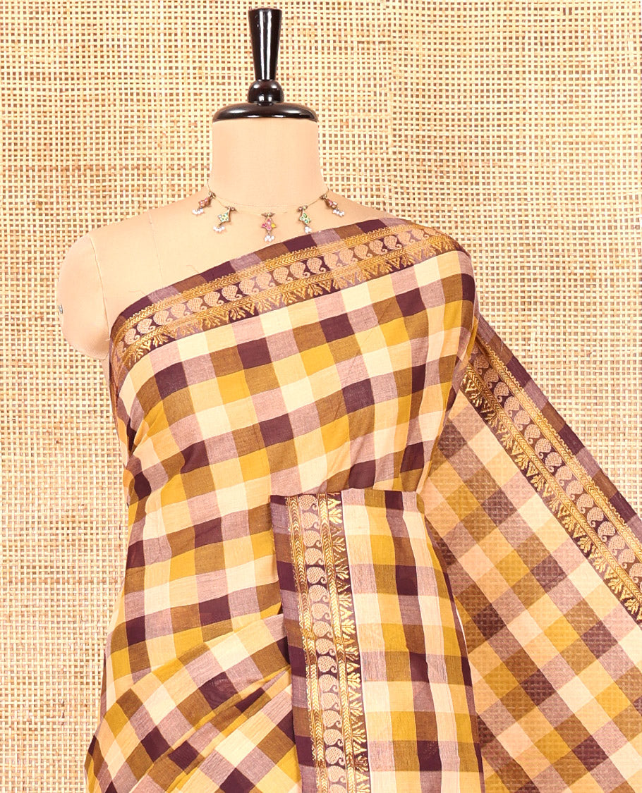 Peach-Brown Chettinad Cotton Saree, Adorned with Madras Checks, a Zari Traditional Border, and No Blouse