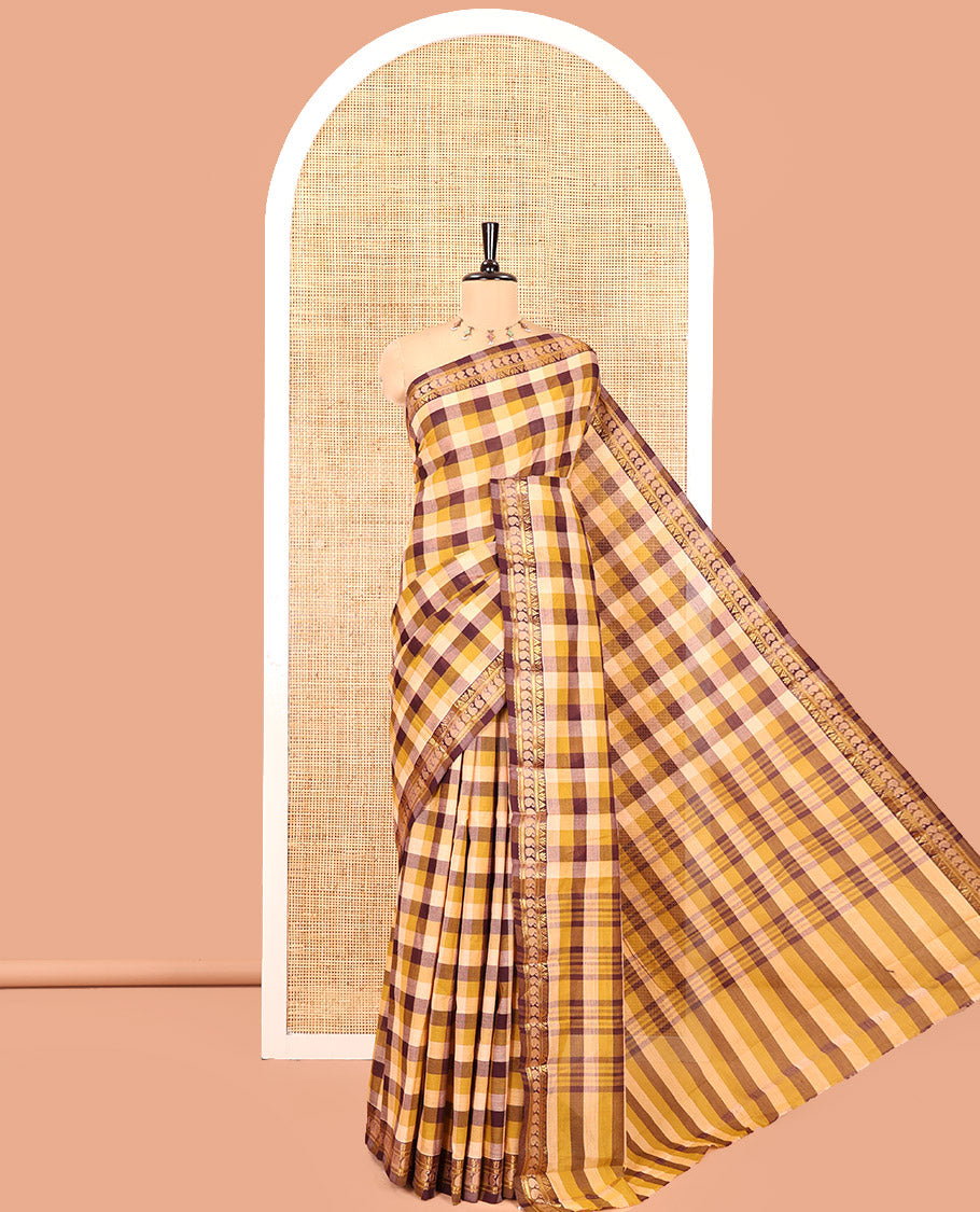 Peach-Brown Chettinad Cotton Saree, Adorned with Madras Checks, a Zari Traditional Border, and No Blouse