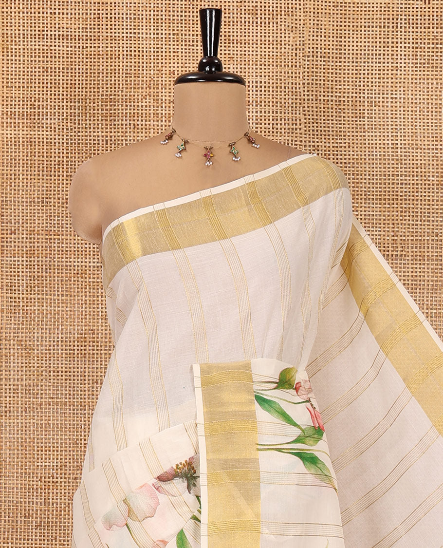 Cream Kerala Cotton Saree, Adorned with Zari Stripes and Floral Print, Highlighted by Zari Border, Printed Pallu and a Matching Blouse