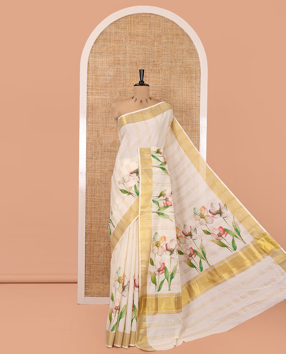 Cream Kerala Cotton Saree, Adorned with Zari Stripes and Floral Print, Highlighted by Zari Border, Printed Pallu and a Matching Blouse