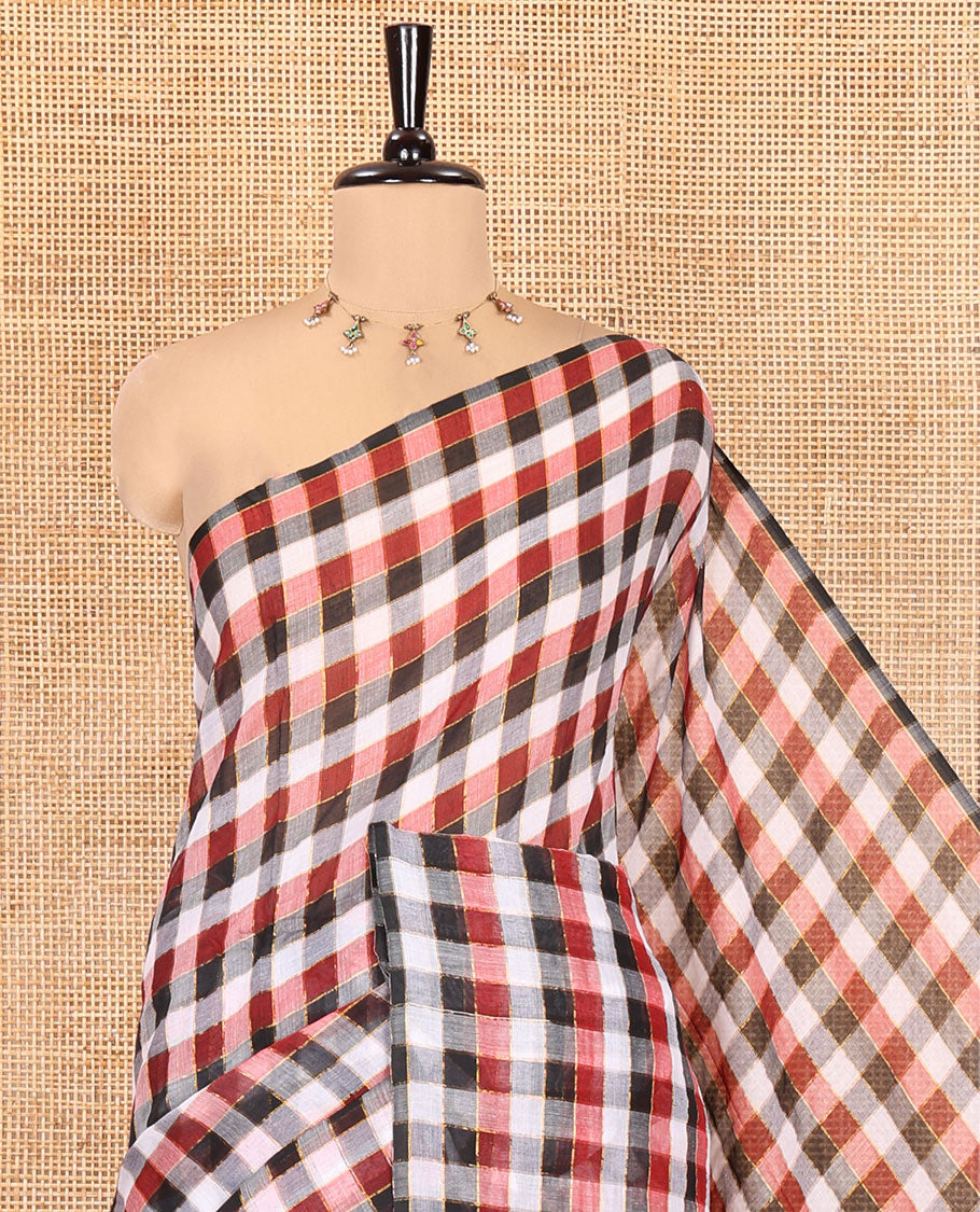Borderless White-Black Khadi Mul Cotton Saree, Adorned with Vintage-Style Micro-Checks, a Self-Pallu, and No Blouse
