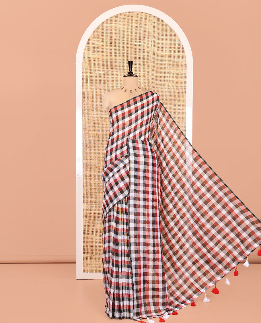 Borderless White-Black Khadi Mul Cotton Saree, Adorned with Vintage-Style Micro-Checks, a Self-Pallu, and No Blouse