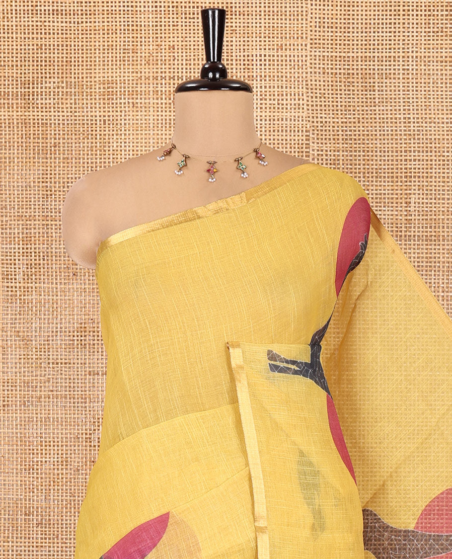 Yellow Linen Saree, Subtly Sparkled With Sun and Giraffe Motifs, a Subtle Zari Piping Border, and a Striped Blouse