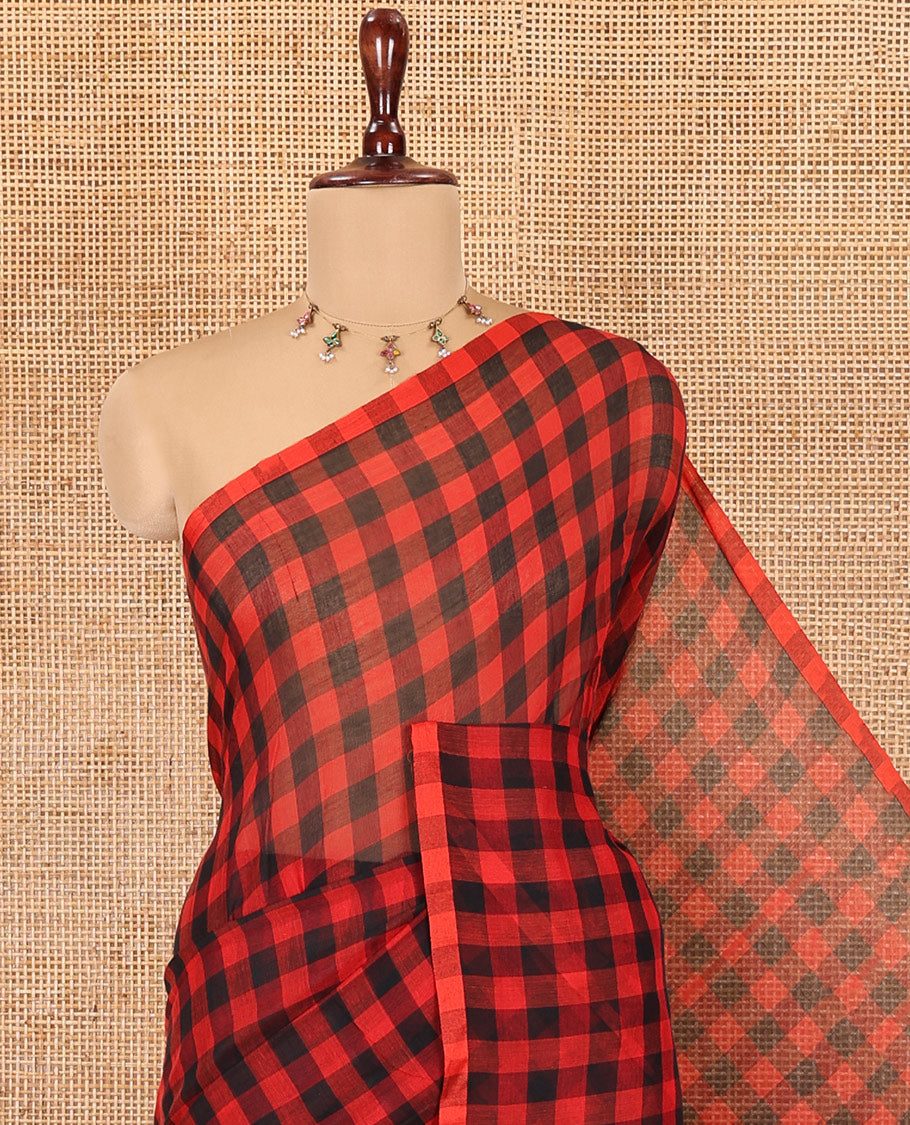 Borderless Red-Black Khadi Mul Cotton Saree, Adorned with Madras Checks, Comes without Blouse