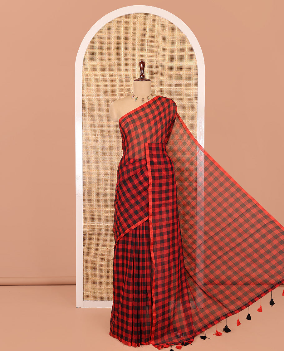 Borderless Red-Black Khadi Mul Cotton Saree, Adorned with Madras Checks, Comes without Blouse