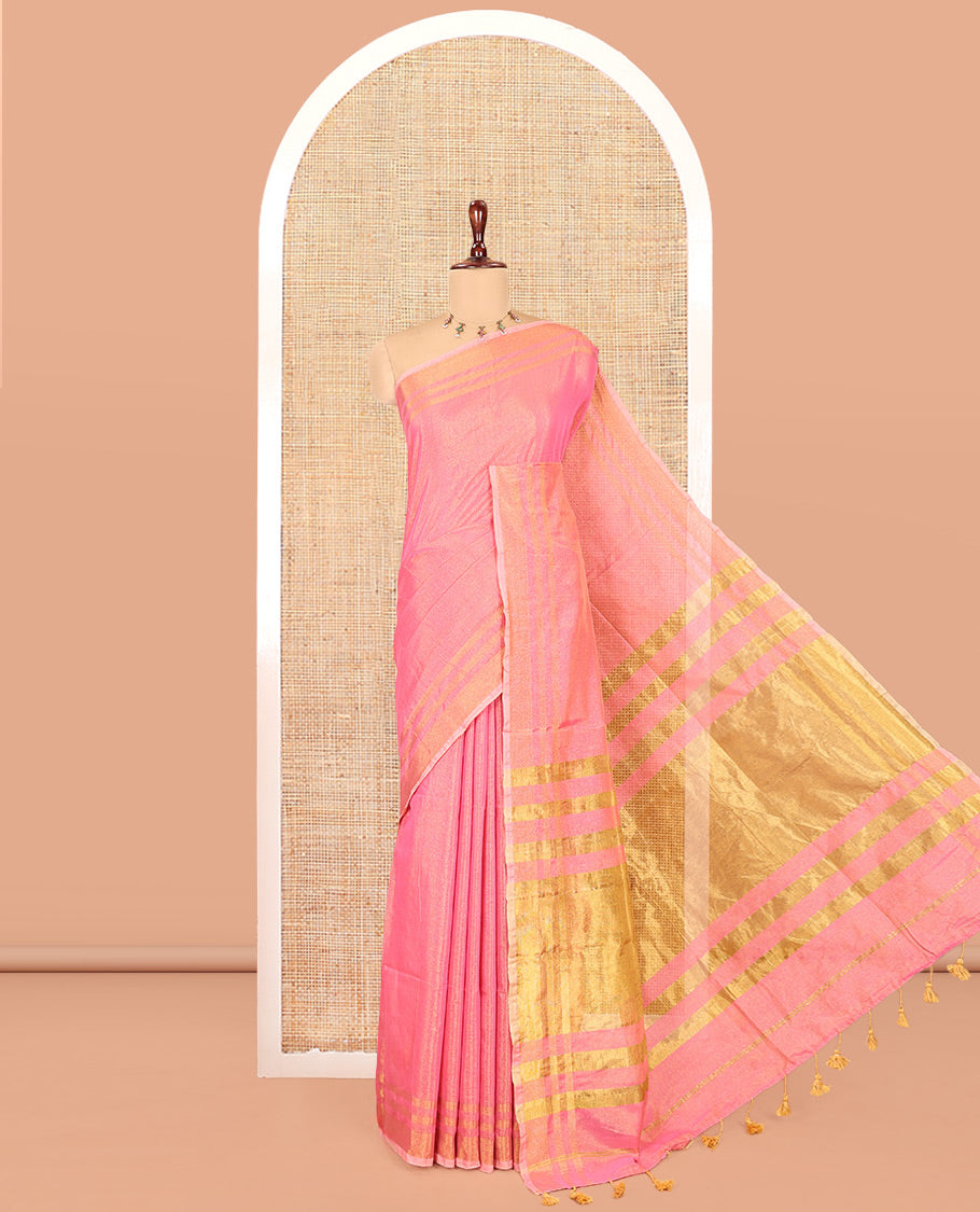 Pink Plain Khadi Tissue Saree, a Gold Zari Border, a Self-Pallu, and a Matching Blouse