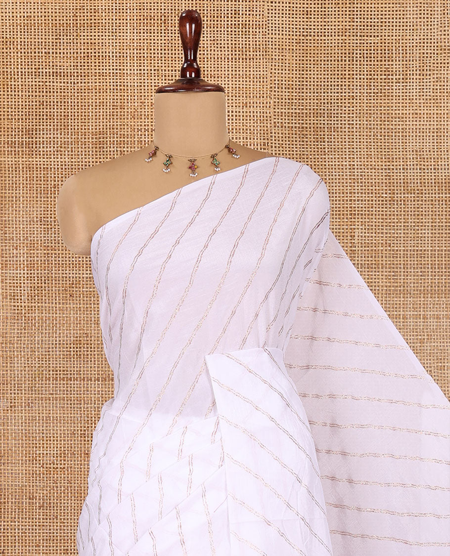 Borderless White-Purple Rangoli Chiffon Saree, Gleamed Up with Foil-Printed Leheriya Stripes, a Contrast Sequins Blouse