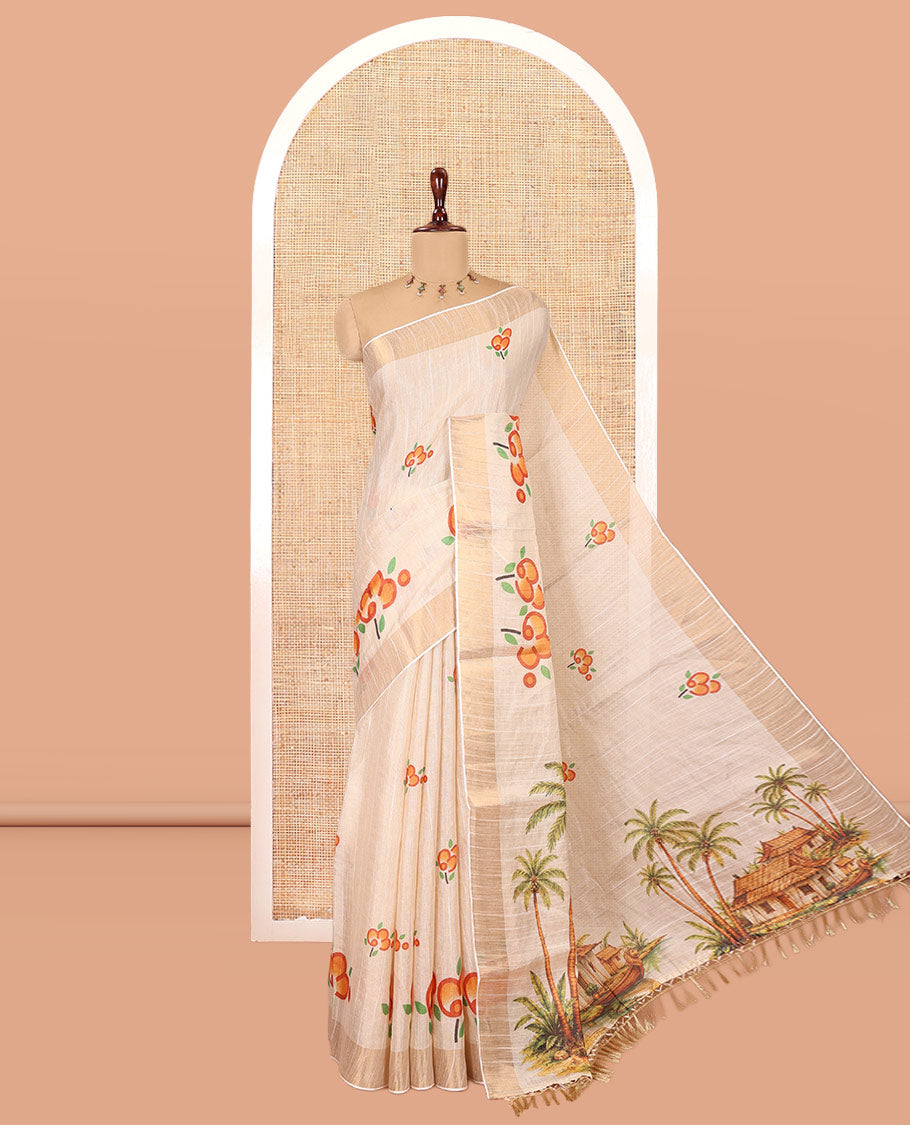 Cream Kerala Cotton Saree, Adorned with Flower Print, Zari Border, Pallu of Kerala Scenery Print, and a Matching Blouse