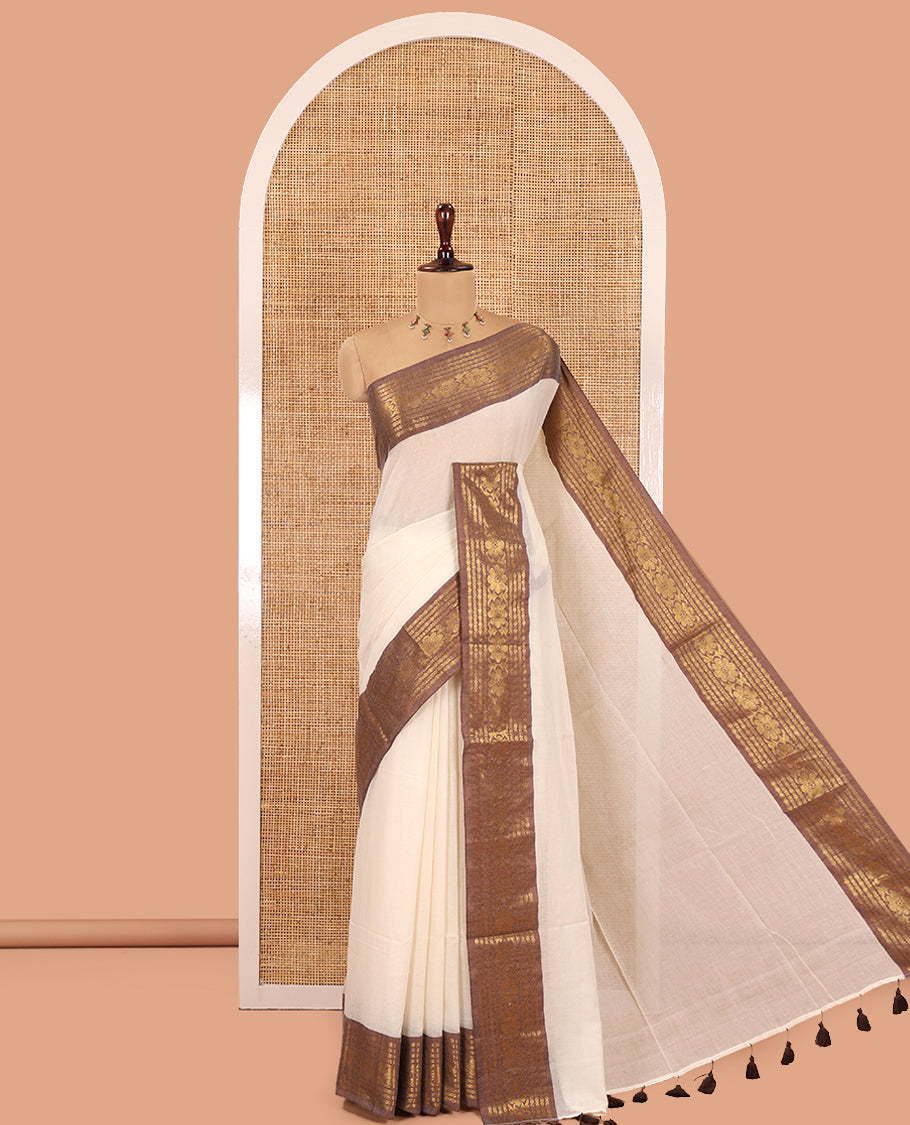 Cream Plain Khadi Mul Cotton Saree, Complemented by a Contrast Rudraksham-Floral Border, a Self-Pallu, and No Blouse