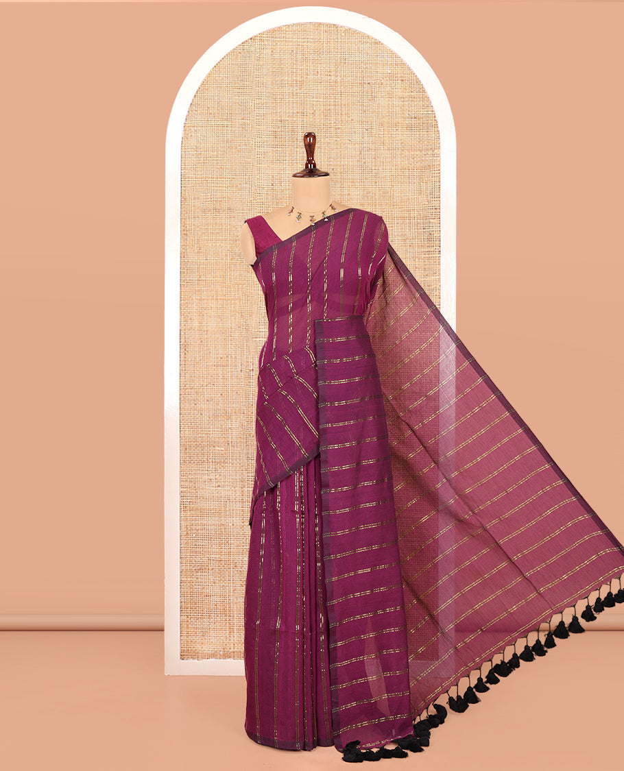 Borderless Purple Khadi Mul Cotton Saree, Adorned with Vertical Zari Stripes, a Self-Pallu, and No Blouse