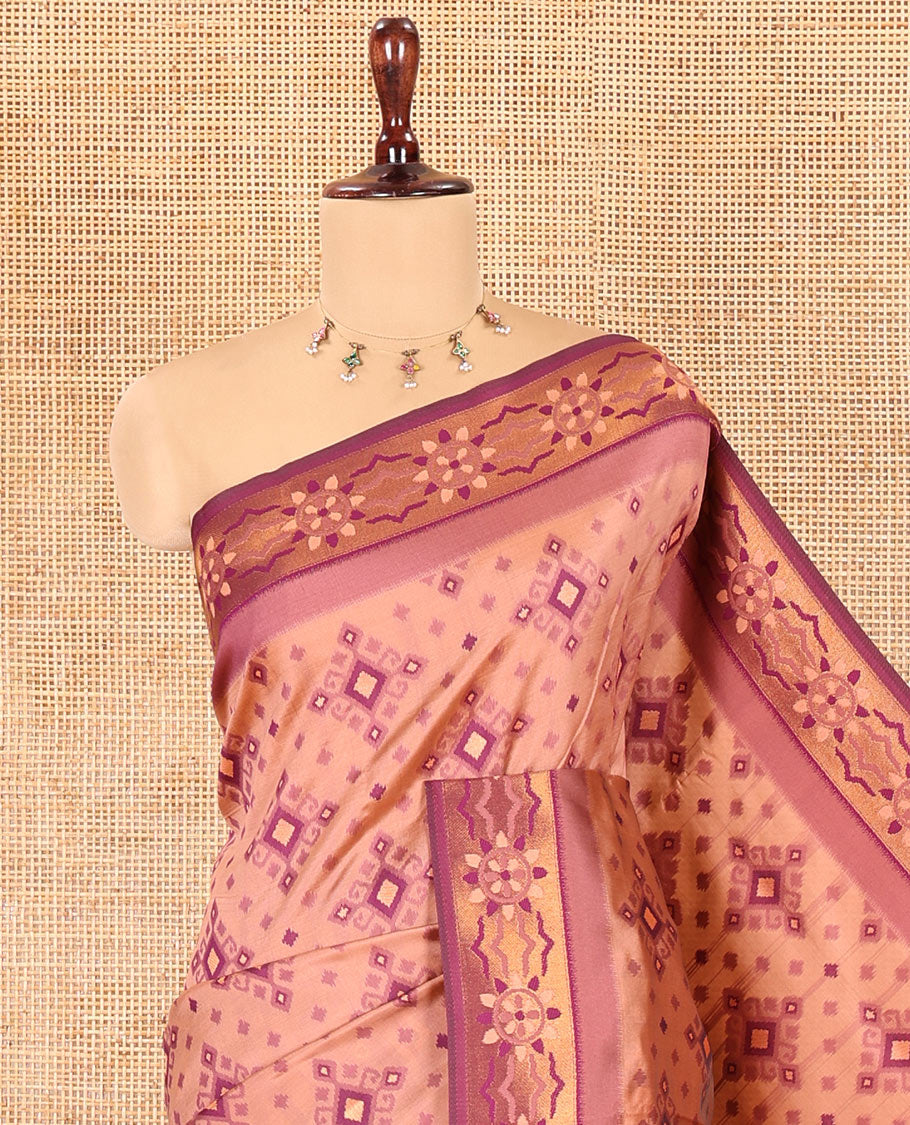 Onion Pink Elite Soft Silk Saree, Adorned with Pochampally-Style Ikat Thread Weave, Contrast Chakra Border, Floral Pallu, and a Contrast Blouse