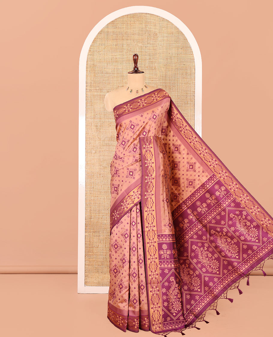 Onion Pink Elite Soft Silk Saree, Adorned with Pochampally-Style Ikat Thread Weave, Contrast Chakra Border, Floral Pallu, and a Contrast Blouse